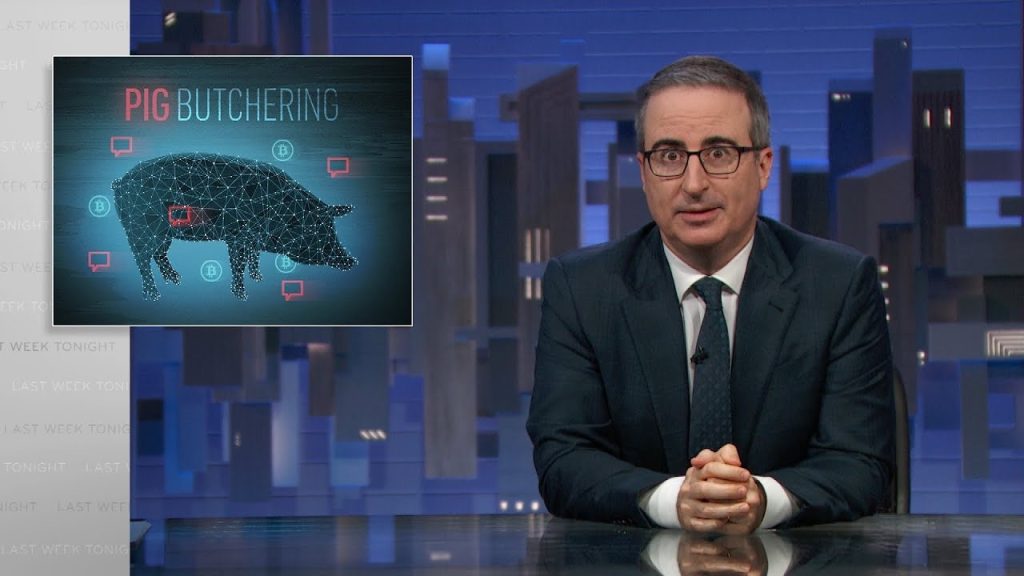 John Oliver discussing social engineering fraud and pig butchering scams on Last Week Tonight, highlighting the dangers of financial manipulation.