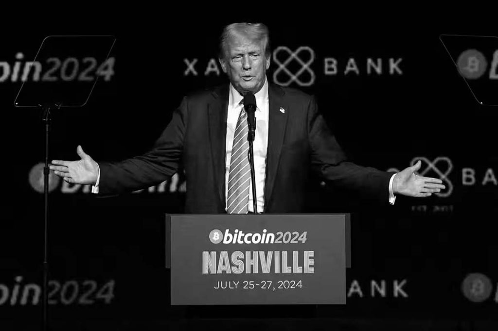 Donald Trump speaking at a Bitcoin 2024 rally, discussing domestic crypto policy and regulatory changes in the cryptocurrency industry.