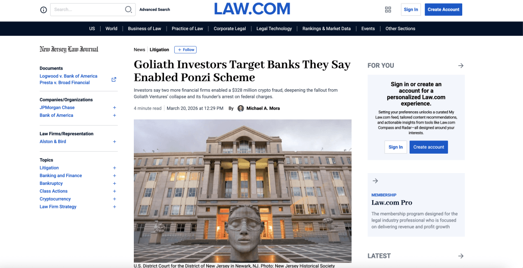 Law.com coverage of class actions against Bank of America and Broad Financial over $328 million Goliath Ventures cryptocurrency Ponzi scheme