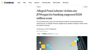 CoinDesk coverage of class action against JPMorgan Chase over $328 million Goliath Ventures cryptocurrency Ponzi scheme