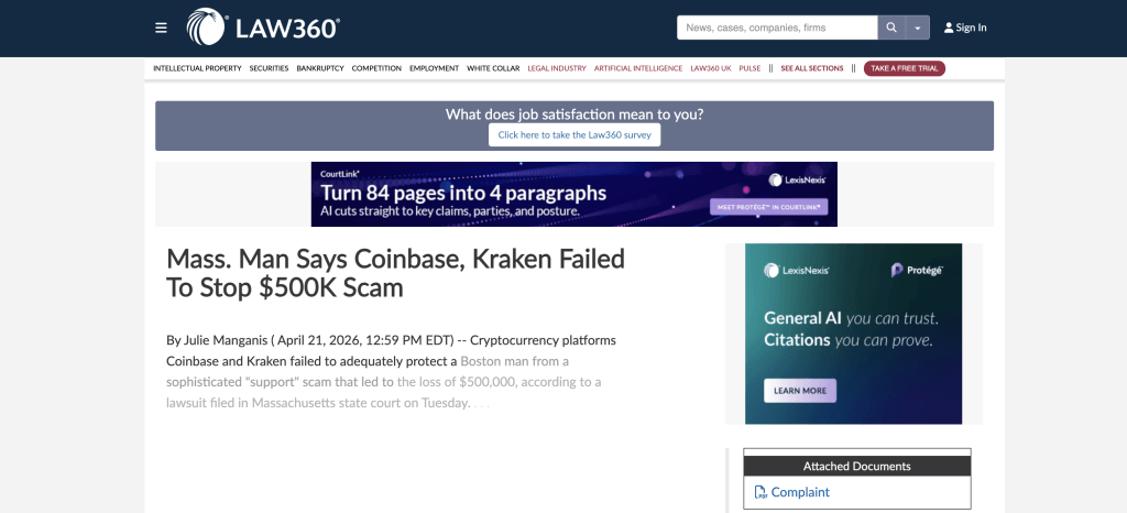 Law360 coverage of Coinbase and Kraken lawsuit filed by cryptocurrency attorney Liam Murphy over $500K impersonation scam