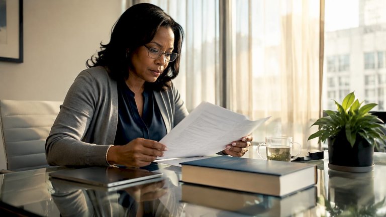 Woman reviewing SEC Litigation Release documents at desk