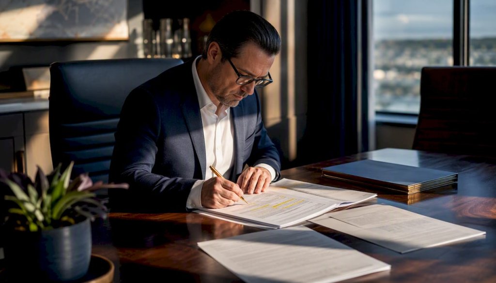Man reviewing crypto fraud legal documents at home
