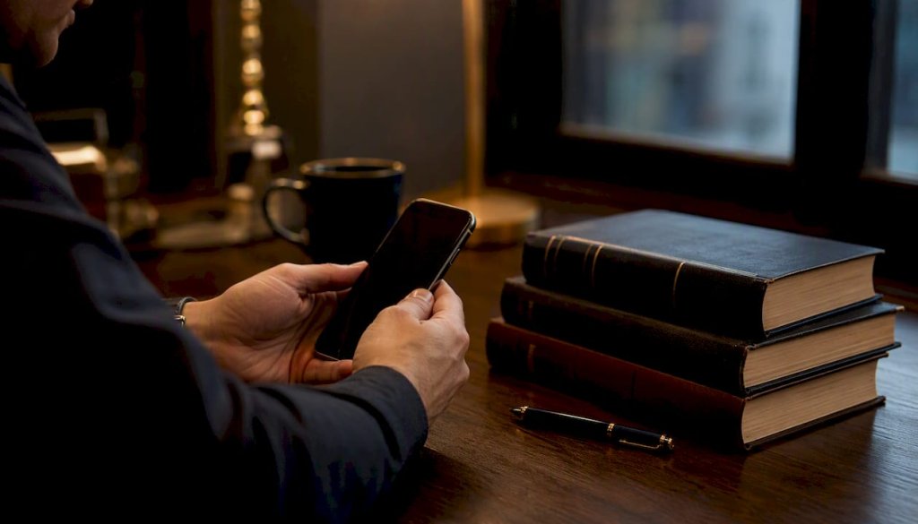 Hands verifying credentials with phone and law book