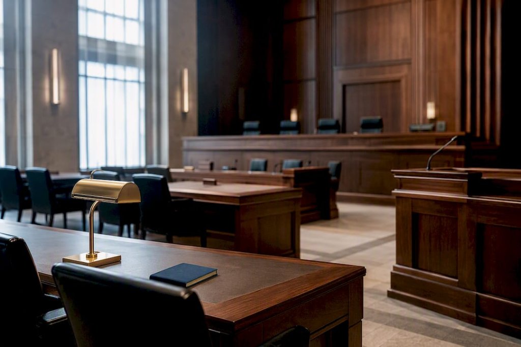 Federal regulatory hearing room prepared for proceedings