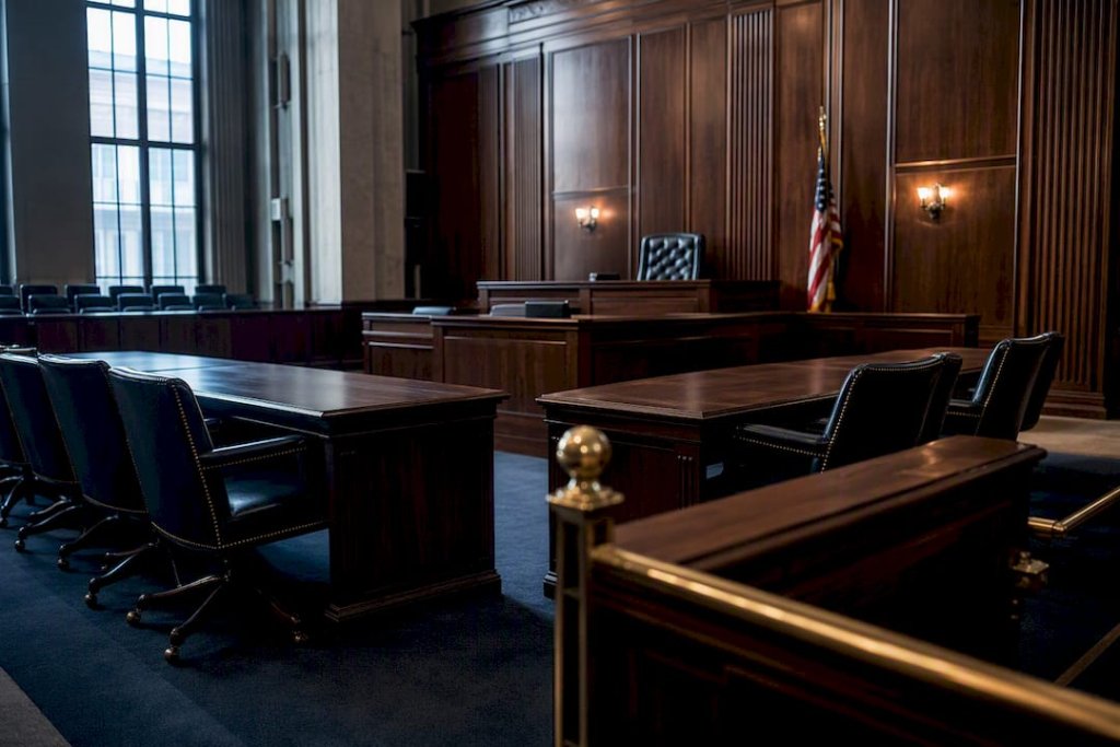 Empty federal courtroom prepared for liability case