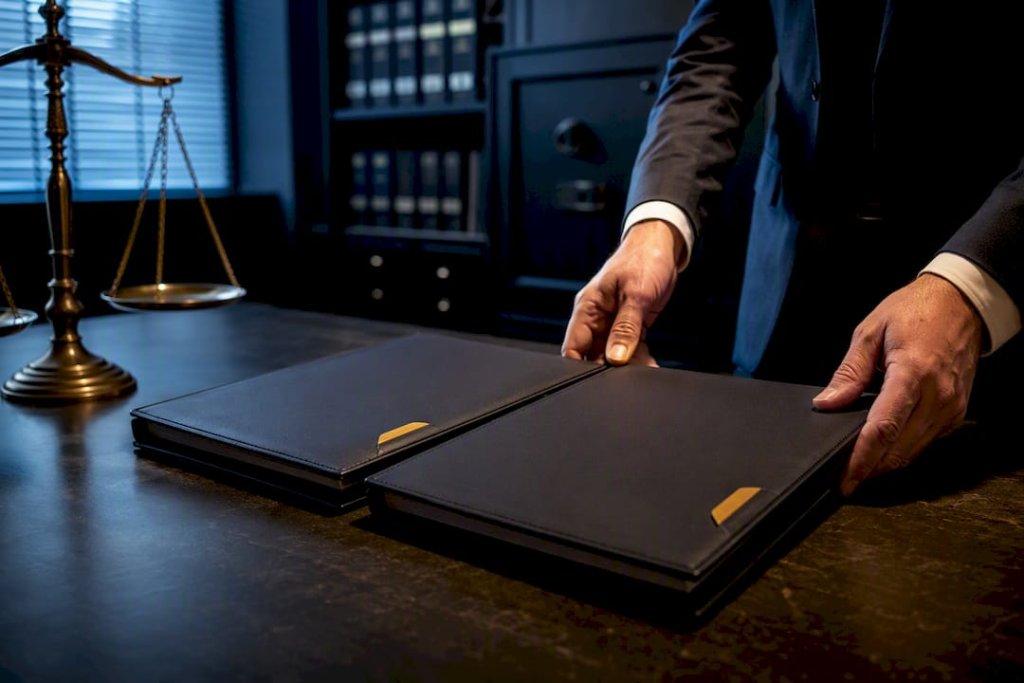 Underwriter reviewing crypto insurance policy folders